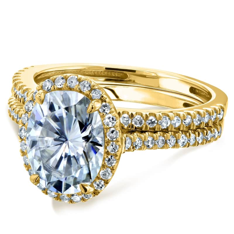 Annello by Kobelli 14k Gold 2 3/8ct TGW Forever One Moissanite and Diamond Oval Halo Bridal Rings Set (DEF/VS, GH/I)
