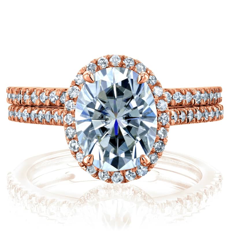 Annello by Kobelli 14k Gold 2 3/8ct TGW Forever One Moissanite and Diamond Oval Halo Bridal Rings Set (DEF/VS, GH/I)