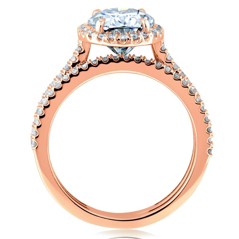 Kobelli 2.37 Carats Moissanite & Natural Diamond 14k Solid Gold Raised Oval Halo Half Eternity Capri 2pc Bridal Set