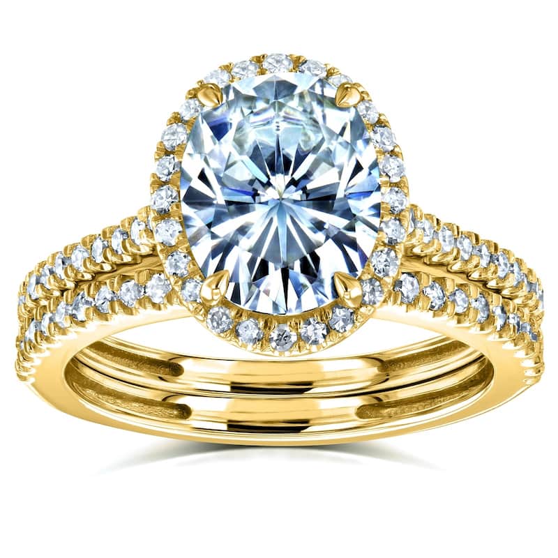 Kobelli 2.37 Carats Moissanite & Natural Diamond 14k Solid Gold Raised Oval Halo Half Eternity Capri 2pc Bridal Set