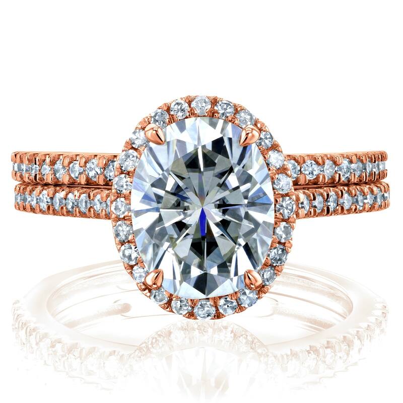 Kobelli 2.37 Carats Moissanite & Natural Diamond 14k Solid Gold Raised Oval Halo Half Eternity Capri 2pc Bridal Set