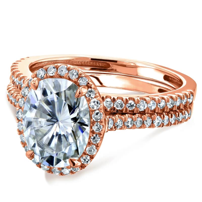 Kobelli 2.37 Carats Moissanite & Natural Diamond 14k Solid Gold Raised Oval Halo Half Eternity Capri 2pc Bridal Set