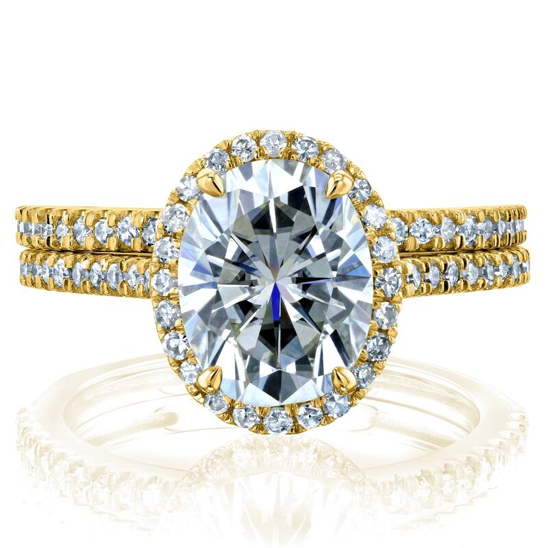 Kobelli 2.37 Carats Moissanite & Natural Diamond 14k Solid Gold Raised Oval Halo Half Eternity Capri 2pc Bridal Set