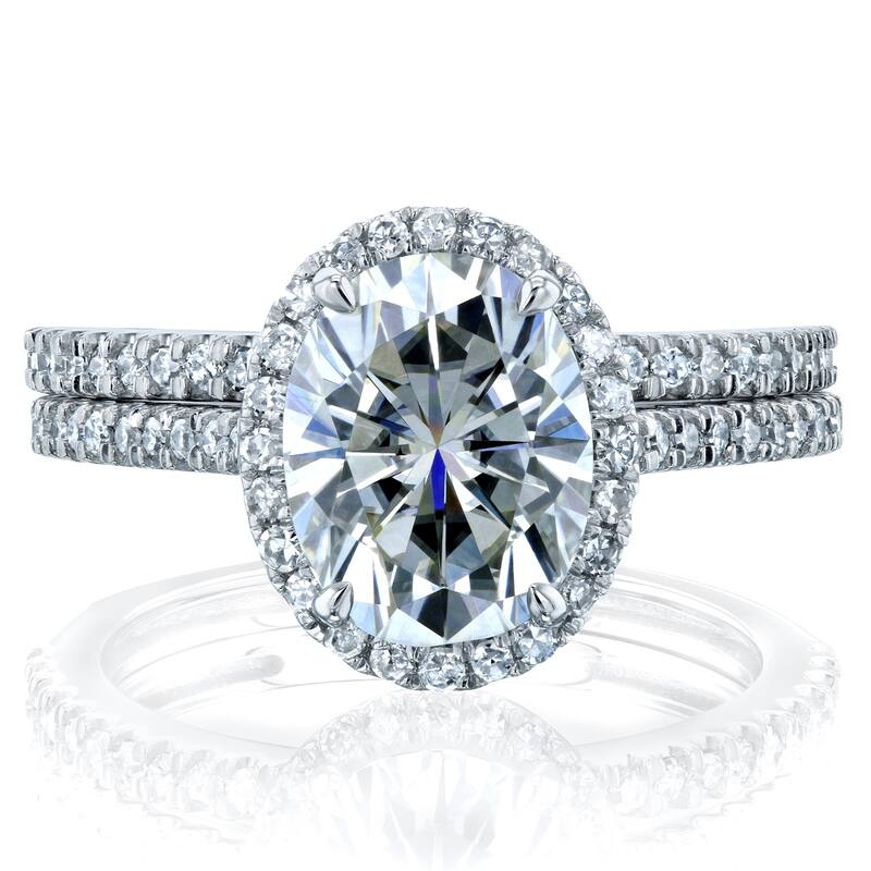 Kobelli 2.37 Carats Moissanite & Natural Diamond 14k Solid Gold Raised Oval Halo Half Eternity Capri 2pc Bridal Set
