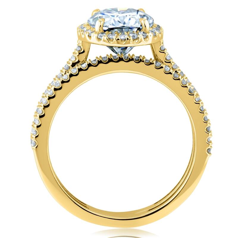 Kobelli 2.37 Carats Moissanite & Natural Diamond 14k Solid Gold Raised Oval Halo Half Eternity Capri 2pc Bridal Set