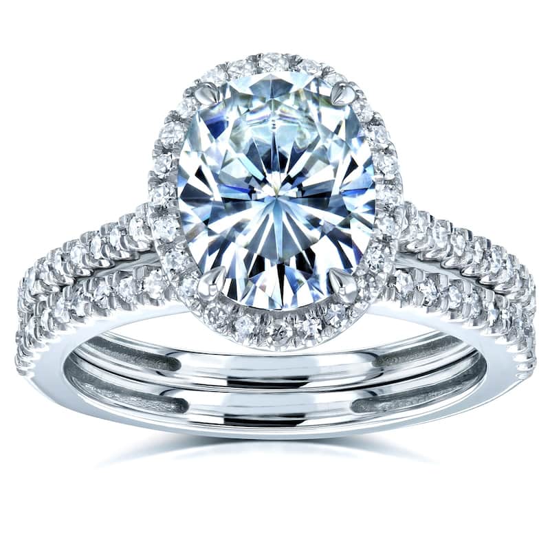 Kobelli 2.37 Carats Moissanite & Natural Diamond 14k Solid Gold Raised Oval Halo Half Eternity Capri 2pc Bridal Set