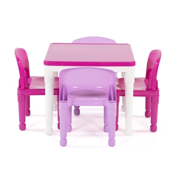 Playtime 5 Piece Plastic Kids Squarev Lego Compatible Activity Table Chairs Set White Pink