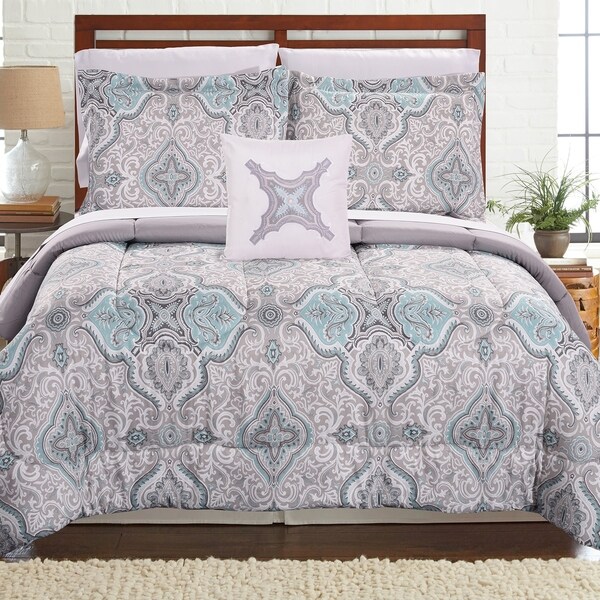 Amrapur Overseas Pigale Aqua 8-piece Printed Reversible Complete Bed Set