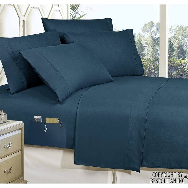 Elegant Comfort Luxury Smart Bed Sheet Set! Wrinkle and Fade Resistant with Side Storage Pockets - Navy blue - King