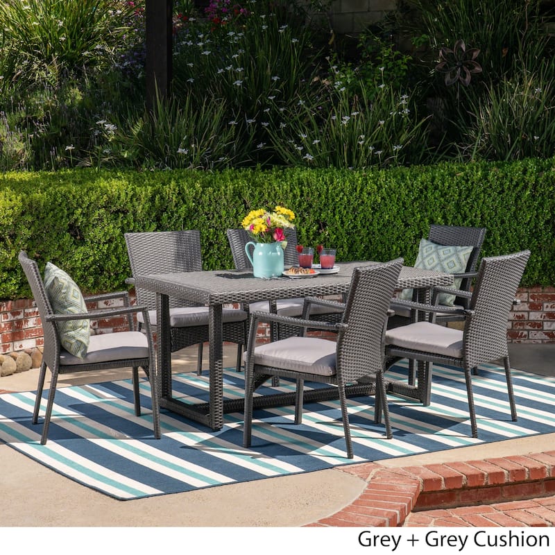 Westley Outdoor 7 Piece Wicker Dining Set by Christopher Knight Home - grey + grey cushion