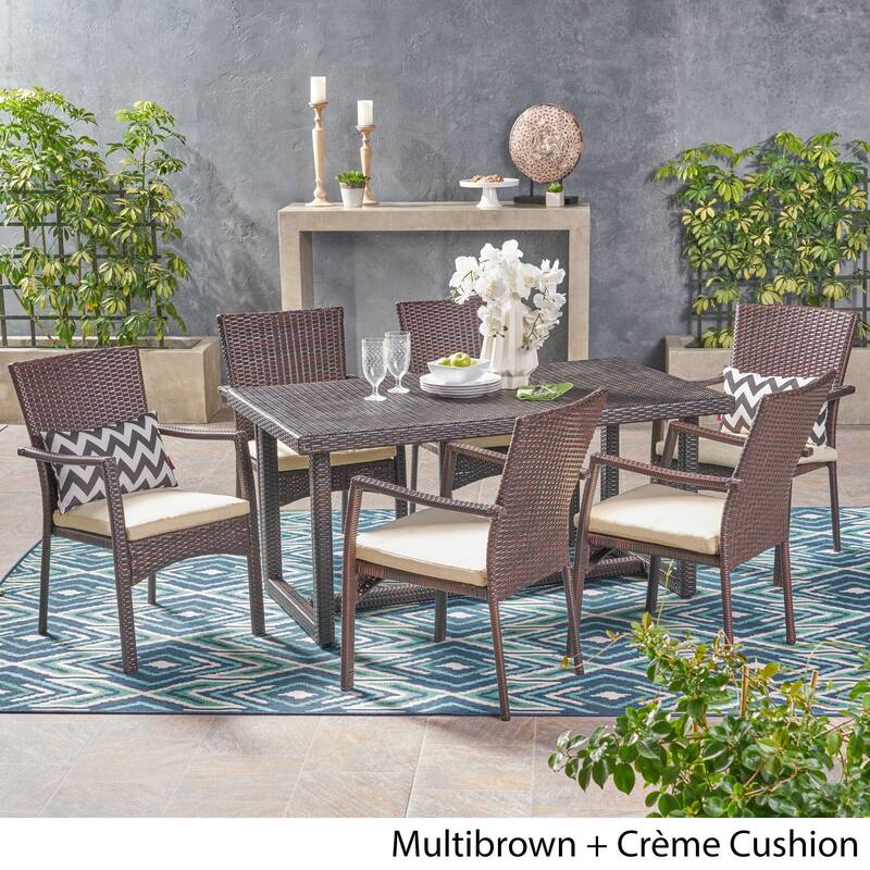 Westley Outdoor 7 Piece Wicker Dining Set by Christopher Knight Home - multibrown + cre`me cushion