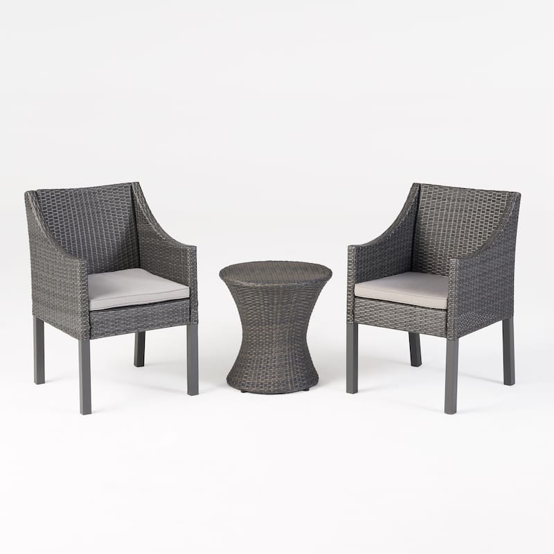 Sagan Outdoor 3 Piece Wicker Chat Set by Christopher Knight Home - Grey + Silver Cushion