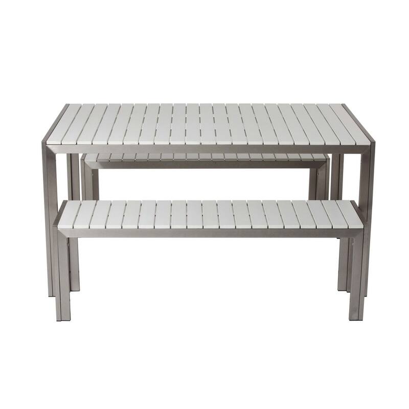 Straightforwardly Trendy Anodized Aluminum Table And Bench Set In White (Set of 3)