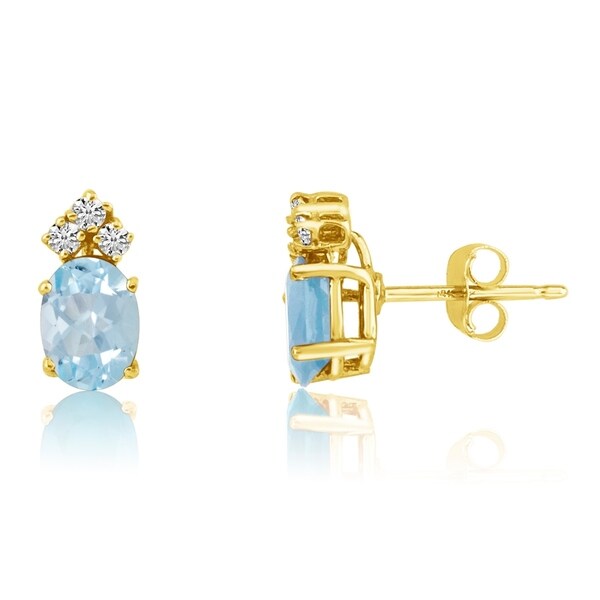 14k Yellow Gold Oval Aquamarine Earrings With Diamonds On 14k Yellow Gold Oval Aquamarine Earrings With Diamonds
