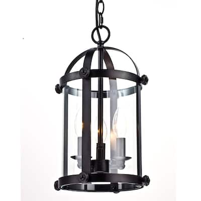 Vintage Metal Foyer Lantern Clear Glass Chandelier 3-Light Pendant Lighting, Oil Rubbed Bronze