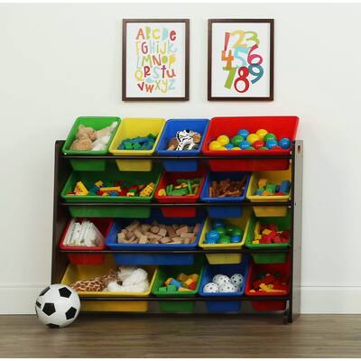 Tot Tutors Dark Walnut/Primary Super-Sized Kids Toy Storage Organizer w/ 16 Plastic Bins, Discover Collection