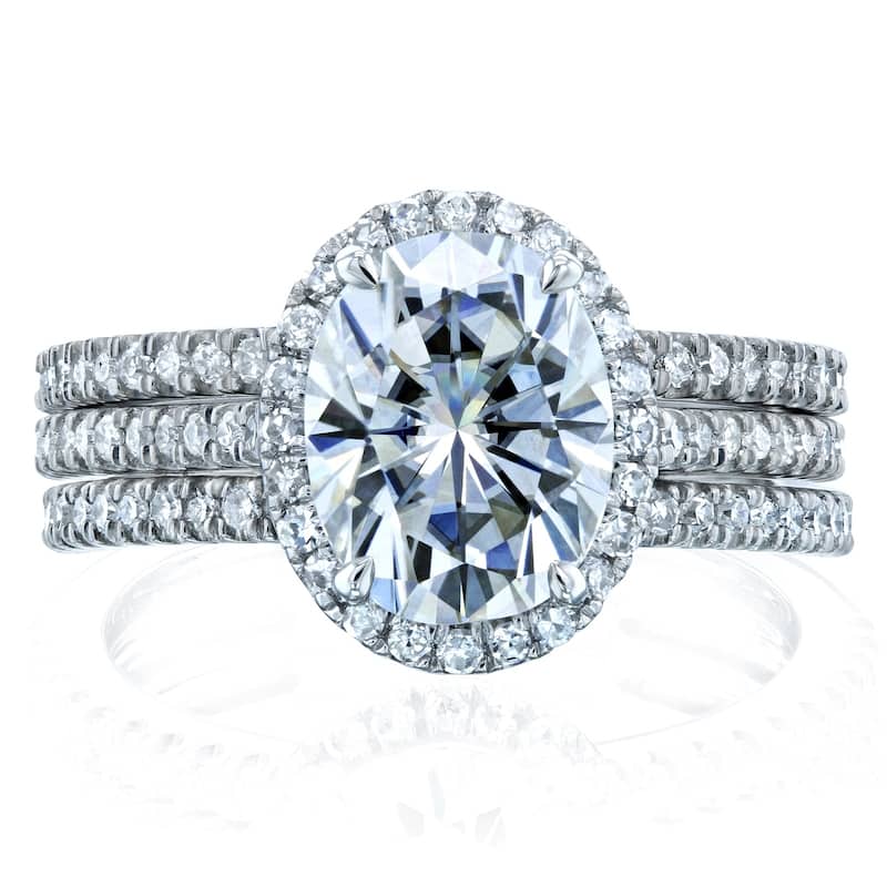 Annello by Kobelli 14k Gold 2 1/2ct TGW Moissanite and Diamond Oval Halo Bridal Rings, 3-Piece Set (GH/VS, GH/I)