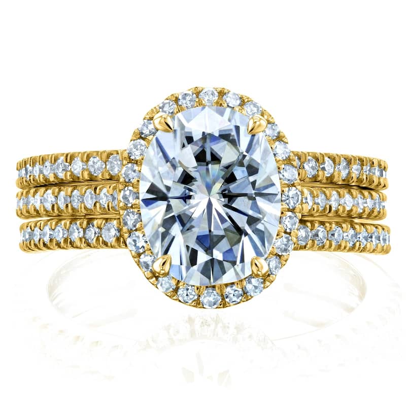 Annello by Kobelli 14k Gold 2 1/2ct TGW Moissanite and Diamond Oval Halo Bridal Rings, 3-Piece Set (GH/VS, GH/I)