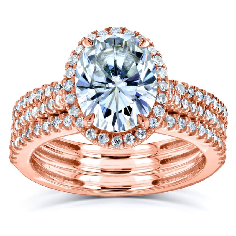 Annello by Kobelli 14k Gold 2 1/2ct TGW Moissanite and Diamond Oval Halo Bridal Rings, 3-Piece Set (GH/VS, GH/I)