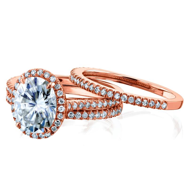 Annello by Kobelli 14k Gold 2 1/2ct TGW Moissanite and Diamond Oval Halo Bridal Rings, 3-Piece Set (GH/VS, GH/I)