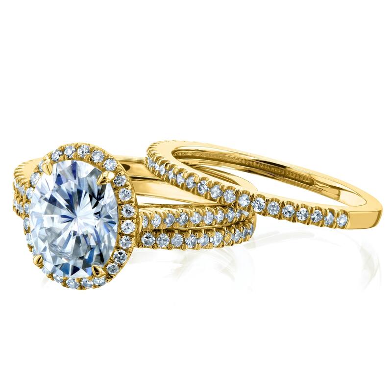 Annello by Kobelli 14k Gold 2 1/2ct TGW Forever One Moissanite and Diamond Oval Halo Bridal Rings, 3-Piece Set (DEF/VS, GH/I)