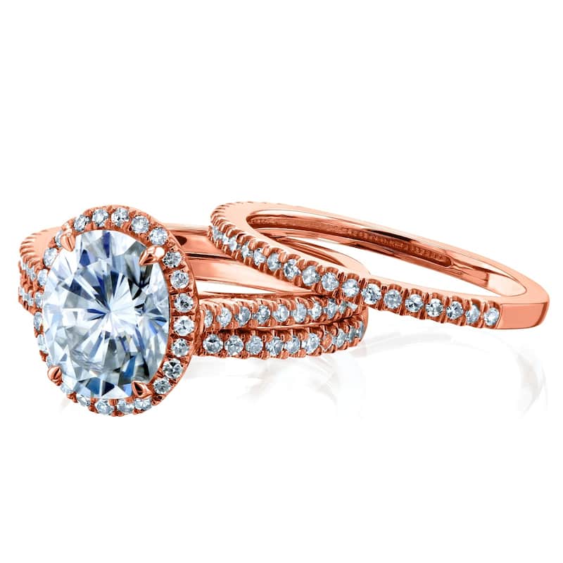 Annello by Kobelli 14k Gold 2 1/2ct TGW Forever One Moissanite and Diamond Oval Halo Bridal Rings, 3-Piece Set (DEF/VS, GH/I)