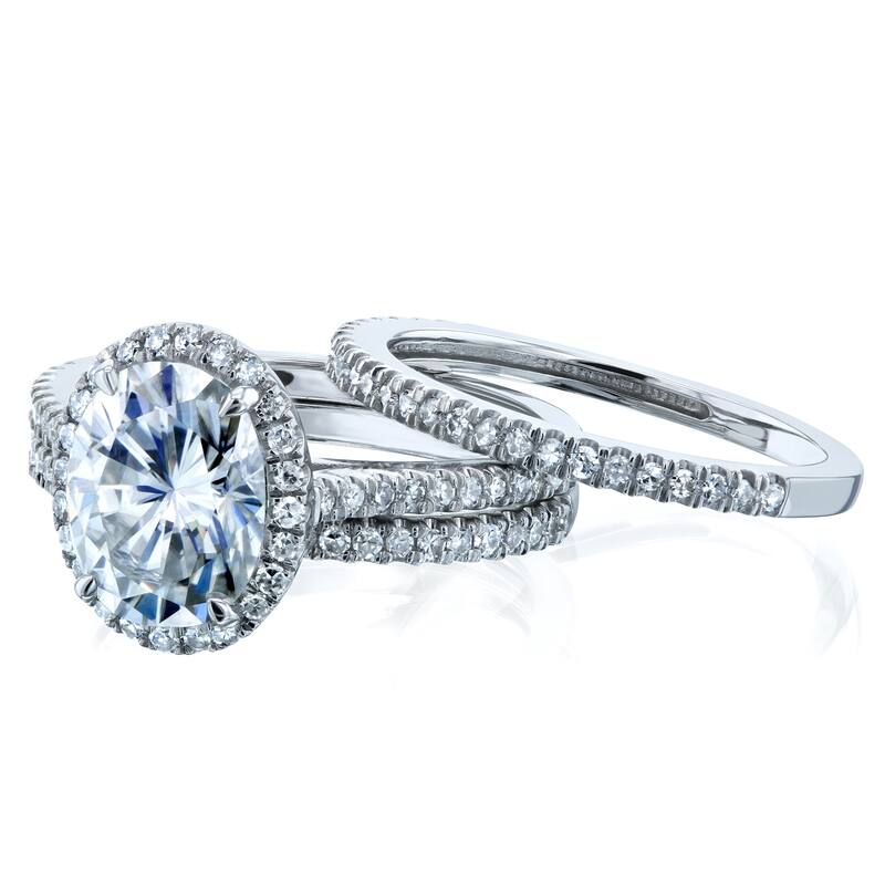Annello by Kobelli 14k Gold 2 1/2ct TGW Forever One Moissanite and Diamond Oval Halo Bridal Rings, 3-Piece Set (DEF/VS, GH/I)