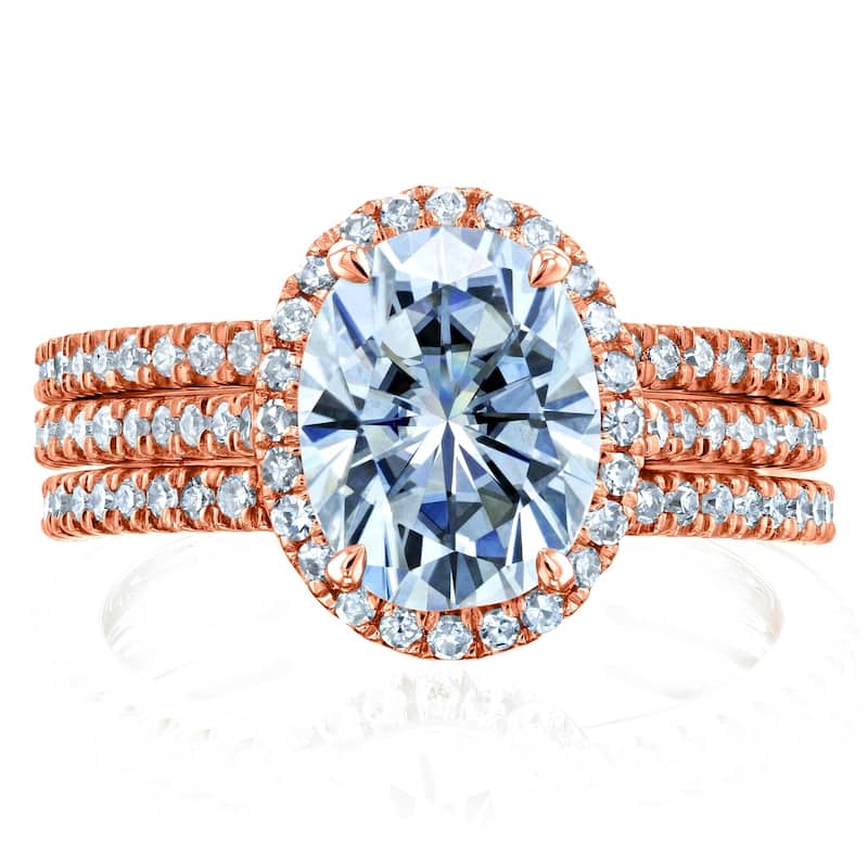 Annello by Kobelli 14k Gold 2 1/2ct TGW Forever One Moissanite and Diamond Oval Halo Bridal Rings, 3-Piece Set (DEF/VS, GH/I)