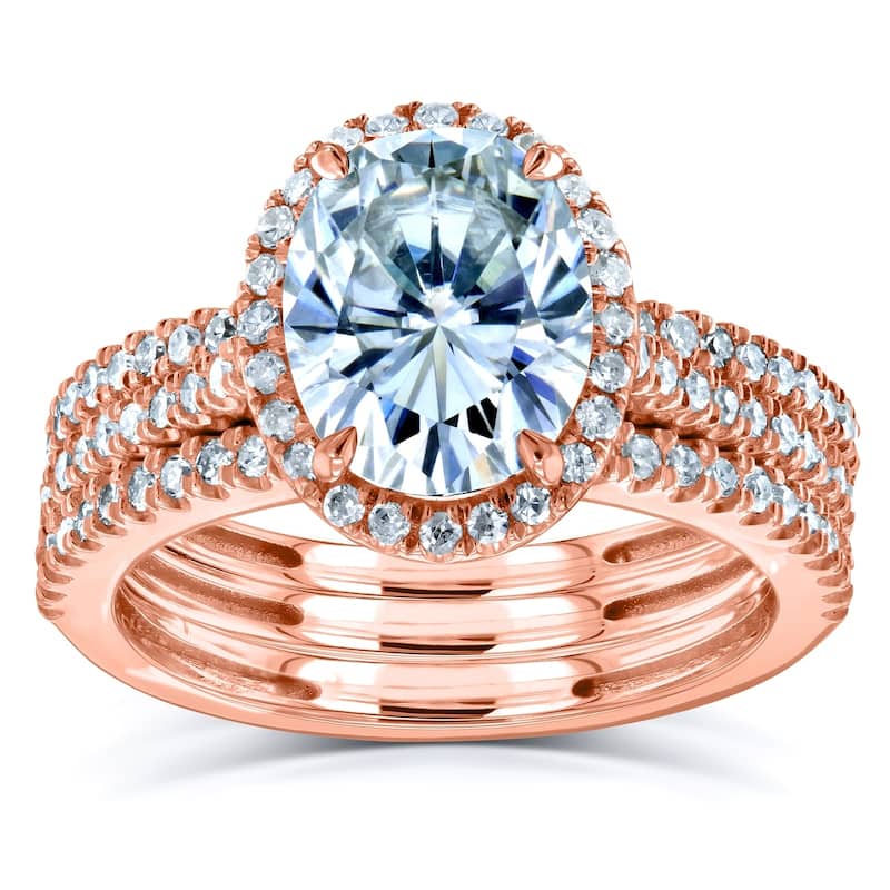 Annello by Kobelli 14k Gold 2 1/2ct TGW Forever One Moissanite and Diamond Oval Halo Bridal Rings, 3-Piece Set (DEF/VS, GH/I)