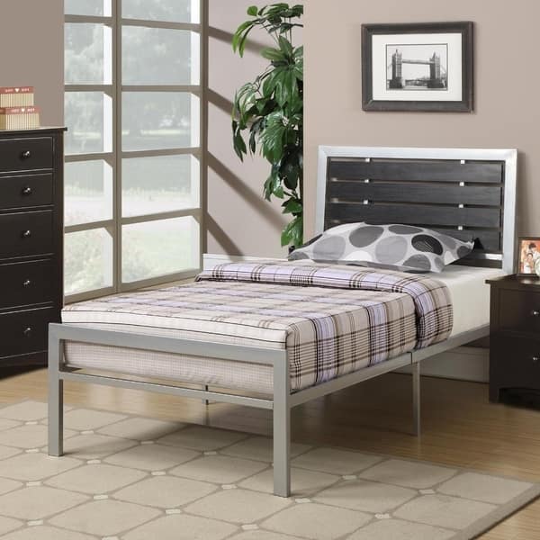 Metal Twin Size Bed With Wood Panel Headboard Silver Black On Sale Overstock 21835819