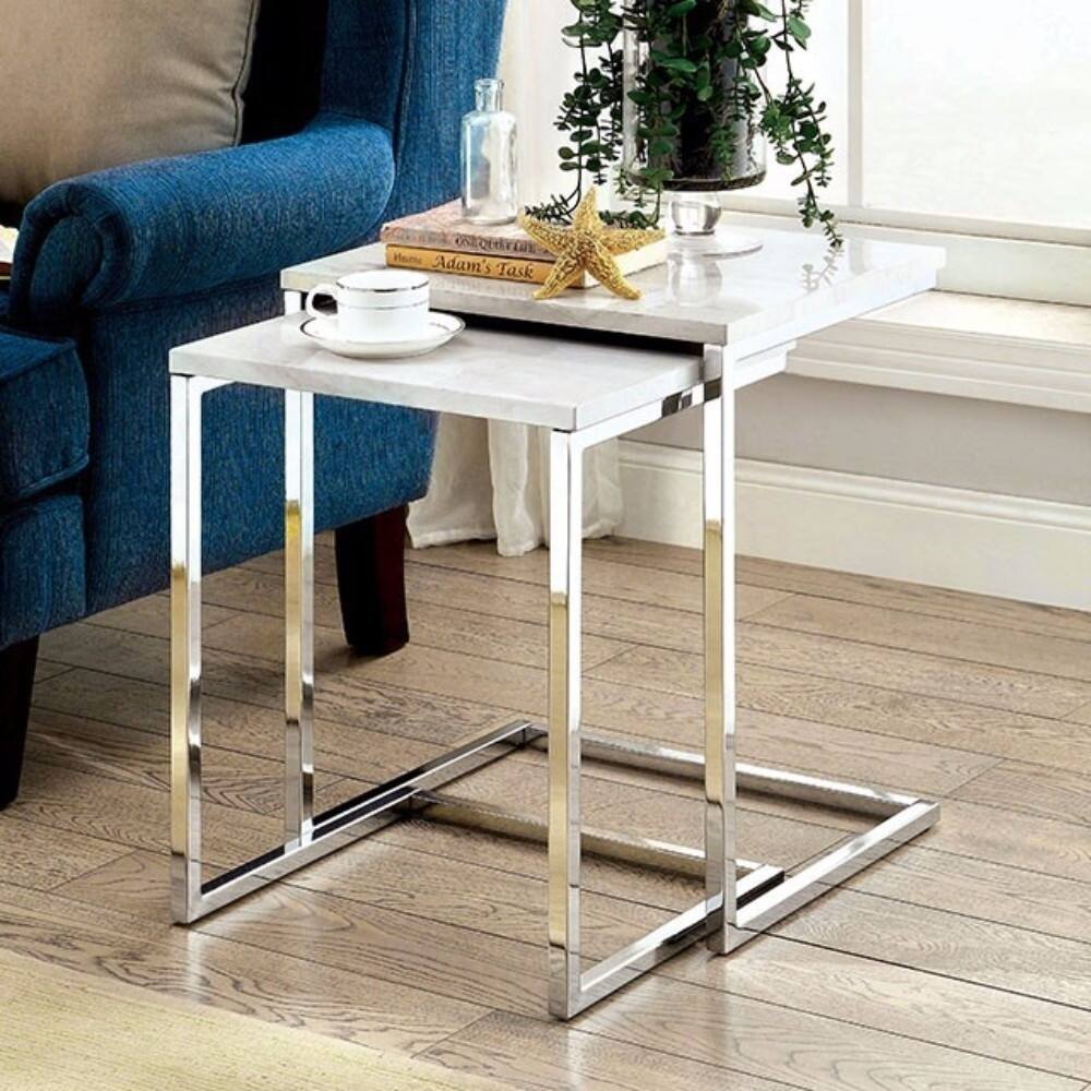 Stylish And Spacious Contemporary Nesting Table, White Faux Marble