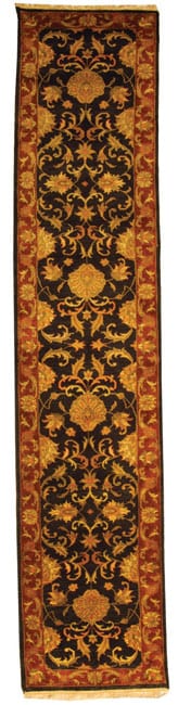 Hand knotted Jaipur Kashan Black/ Burgundy Wool Rnner (26 X 12)