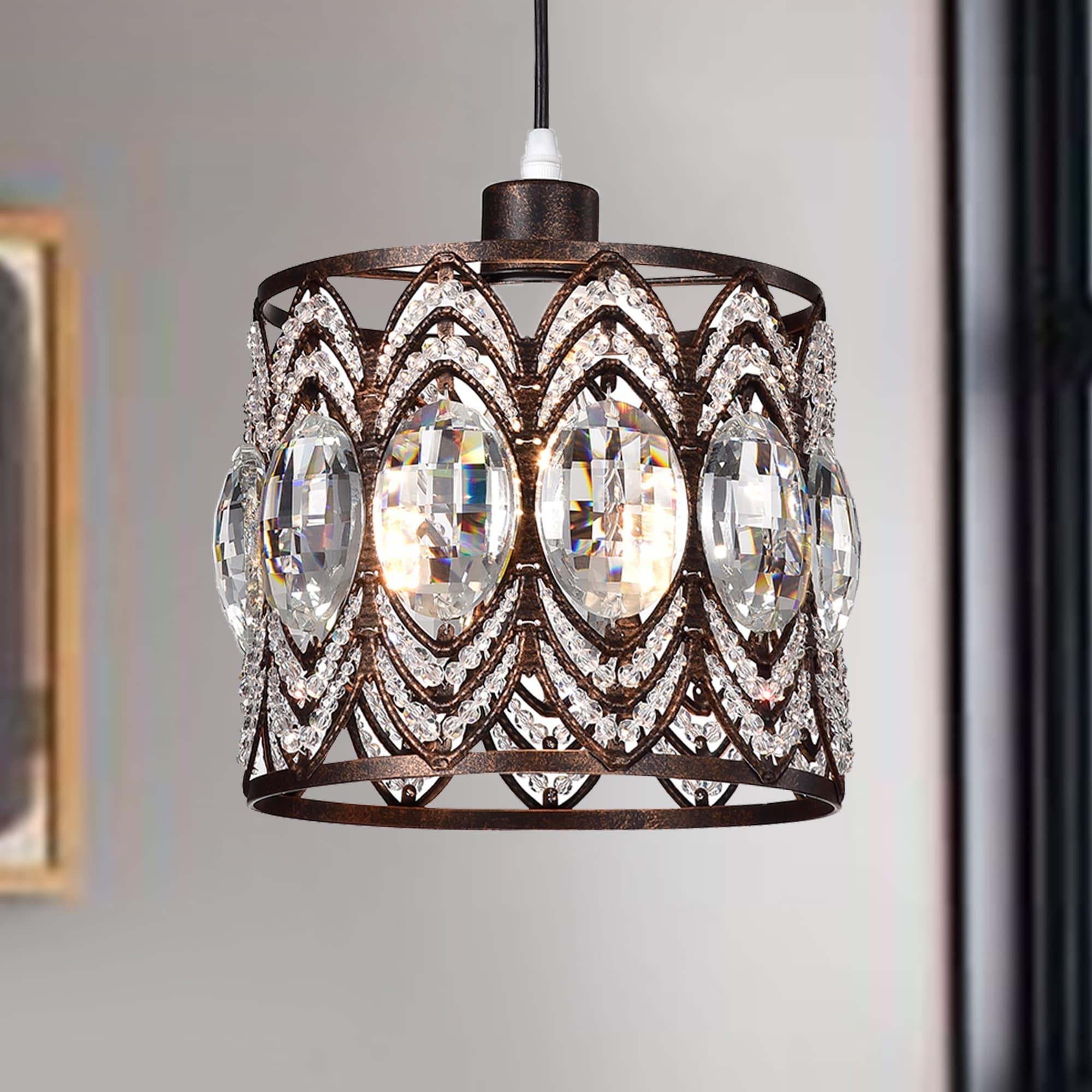 Warehouse of Tiffany Peredur Rustic Bronze 1-Light Pendant with Crystal Shade