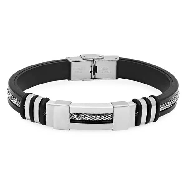 Black Rubber Silver Chain Link Men's Cool Stainless Steel Bangle Bracelet USA Black Rubber Silver Chain Link Men's Cool Stainless Steel Bangle Bracelet USA