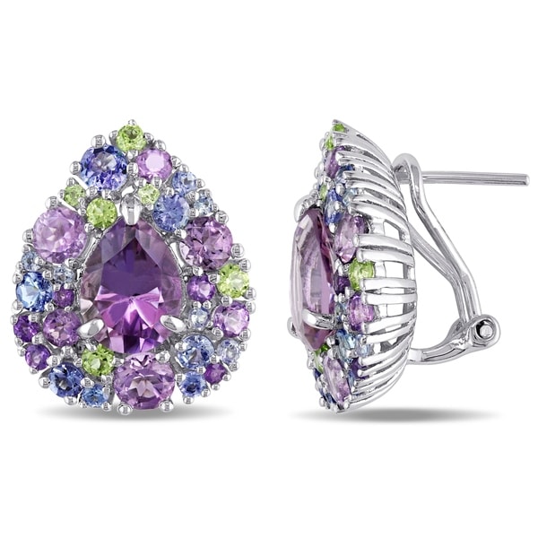 Miadora Sterling Silver Tanzanite Rose de France Peridot and Amethyst Pear-Shape Multi-Color Clustered Halo Earrings