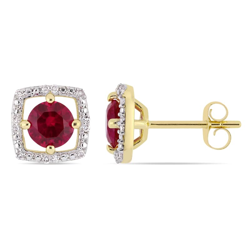 Miadora 10k Yellow Gold Created Ruby and Diamond Accent Floating Square Halo Stud Earrings