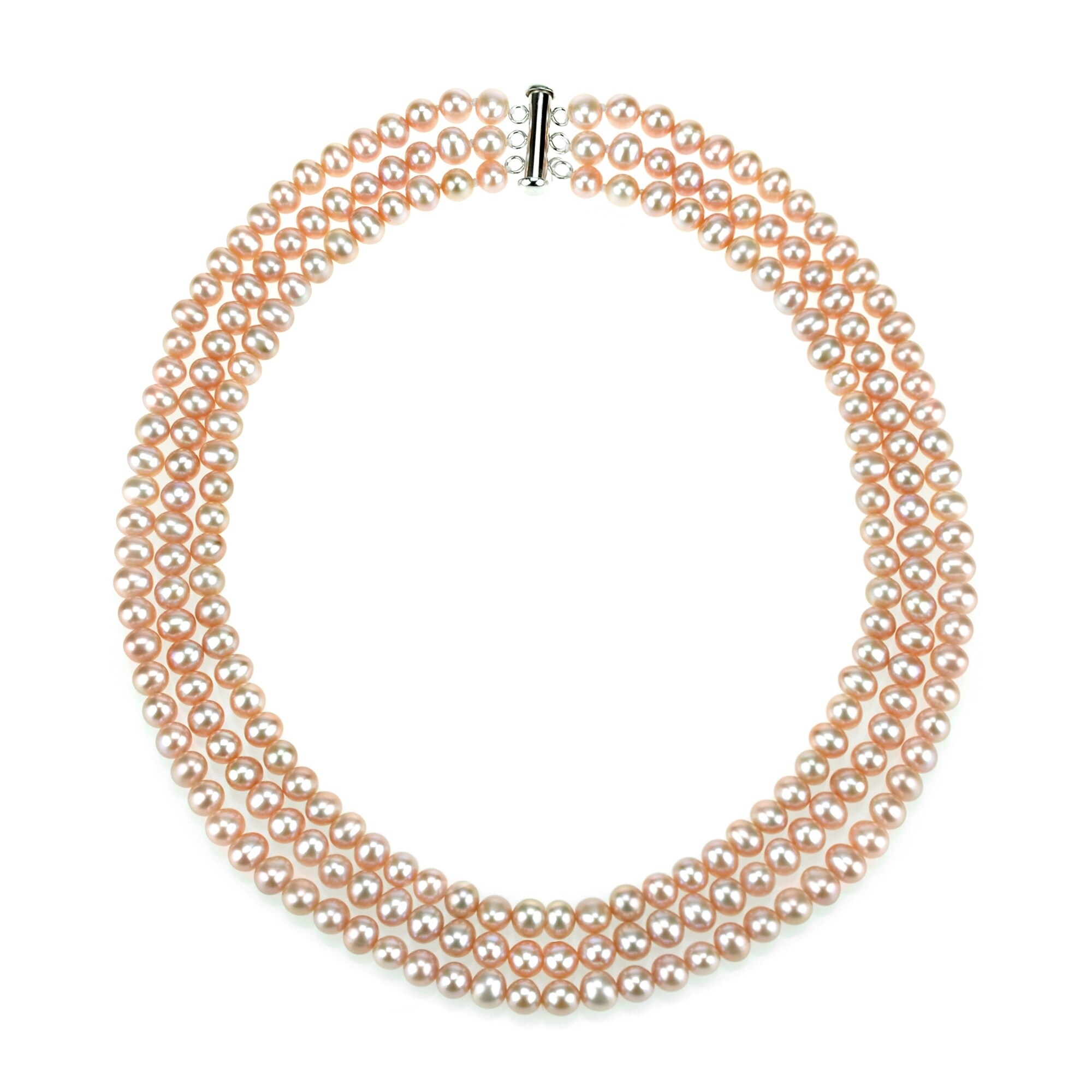 Handpicked AA 7-9mm White Peach and Grey Freshwater Cultured Pearls Sterling Silver Rhodium-Plated 3-Row Stationary Necklace 17 