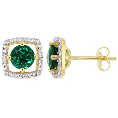 Miadora 10k Yellow Gold Created Emerald and Diamond Accent Floating Square Halo Stud Earrings