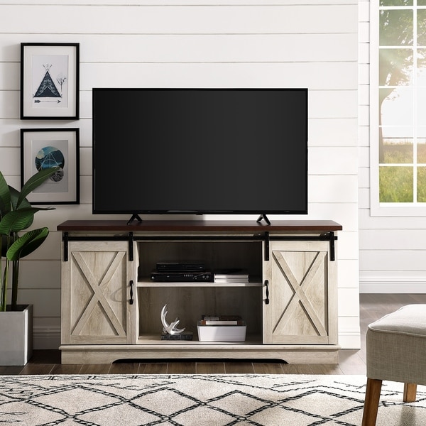 Plank White Wash Wood Sliding Barn Door Media Console Tv Stand