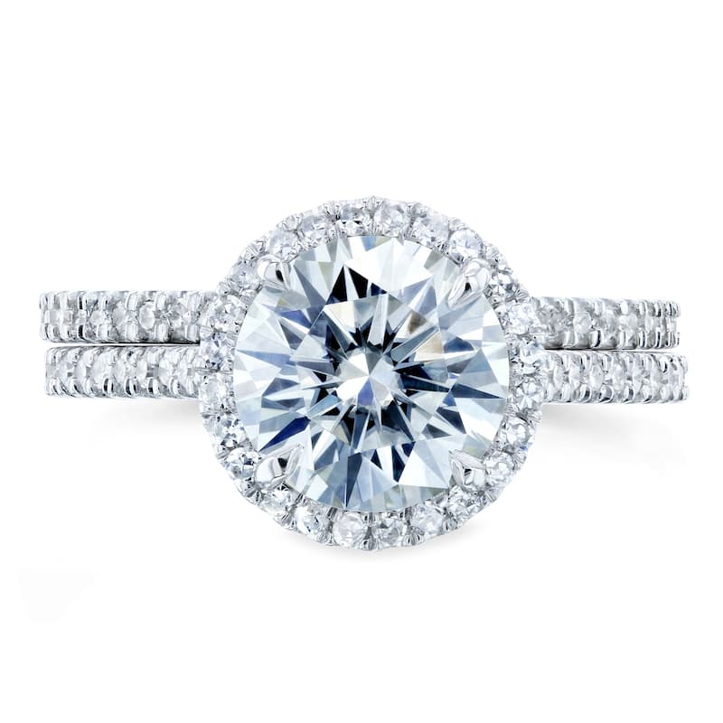 Annello by Kobelli 14k Gold 2 1/3ct TGW Moissanite and Diamond Round Halo Bridal Rings Set (HI/VS, GH/I)