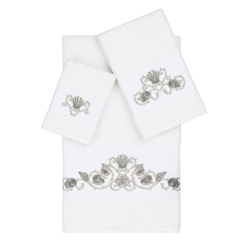 Authentic Hotel and Spa Turkish Cotton Shells Embroidered White 3-piece Towel Set