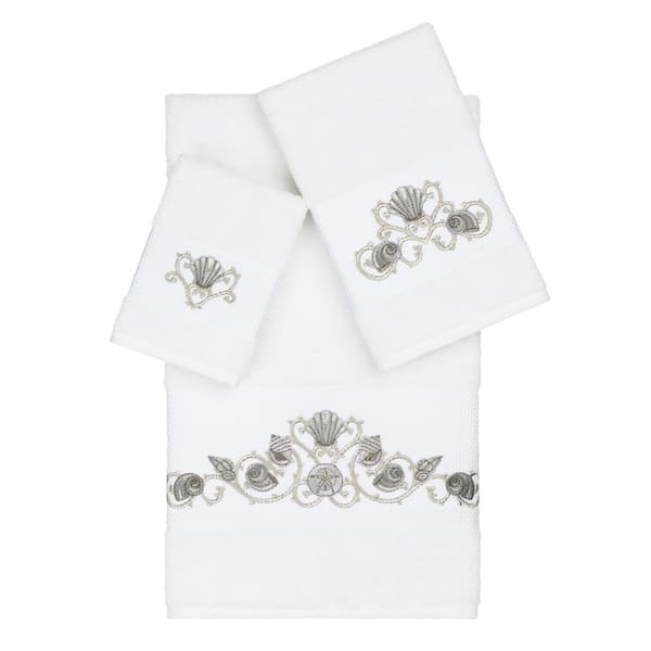 slide 2 of 5, Authentic Hotel and Spa Turkish Cotton Shells Embroidered White 3-piece Towel Set
