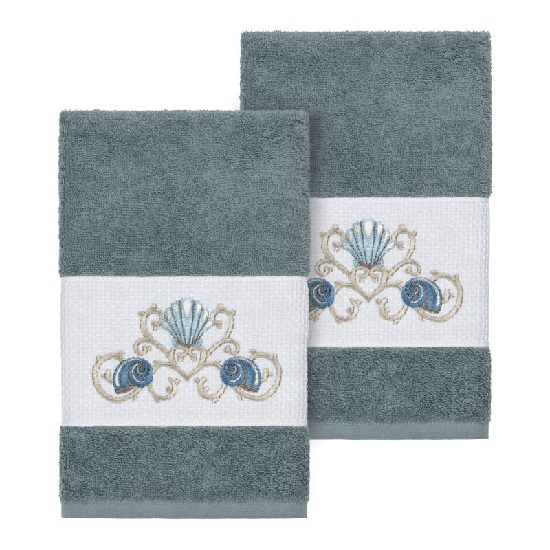 Authentic Hotel and Spa Turkish Cotton Shells Embroidered Teal Blue 2-piece Towel Hand Set