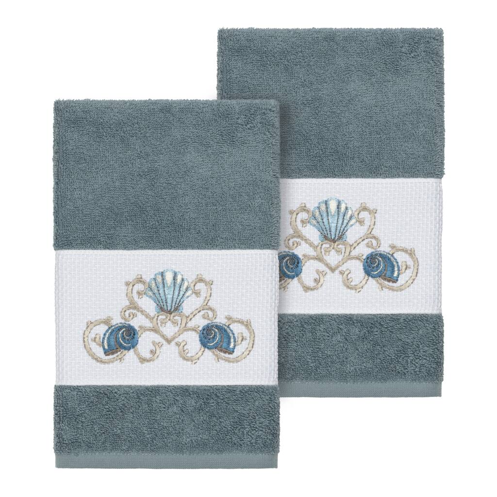 Authentic Hotel and Spa Turkish Cotton Shells Embroidered Teal Blue 2-piece Towel Hand Set