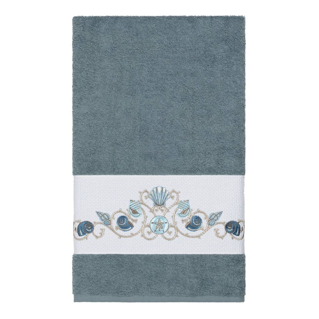 Authentic Hotel and Spa Turkish Cotton Shells Embroidered Teal Blue Bath Towel