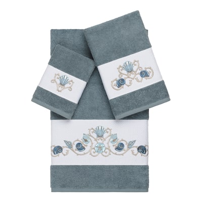 Authentic Hotel and Spa Turkish Cotton Shells Embroidered Teal Blue 3-piece Towel Set