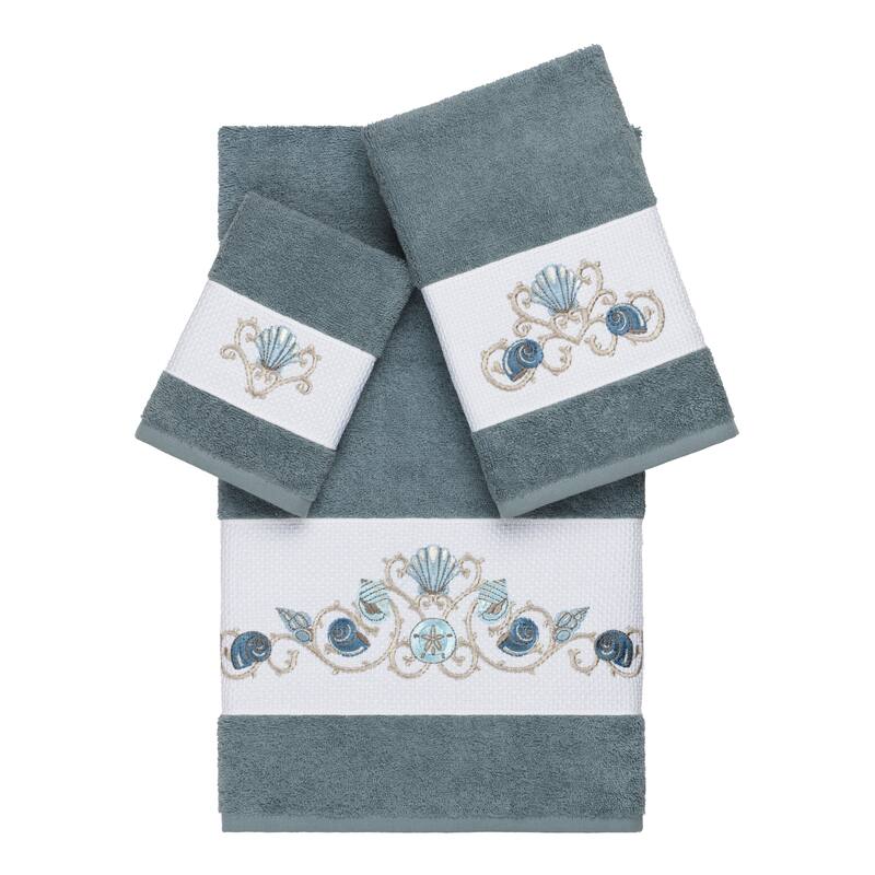 Authentic Hotel and Spa Turkish Cotton Shells Embroidered Teal Blue 3-piece Towel Set