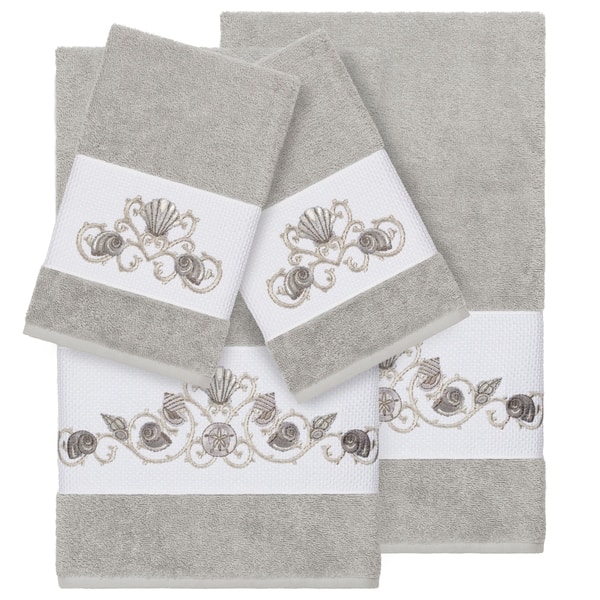 slide 2 of 5, Authentic Hotel and Spa Turkish Cotton Shells Embroidered Light Grey 4-piece Towel Set