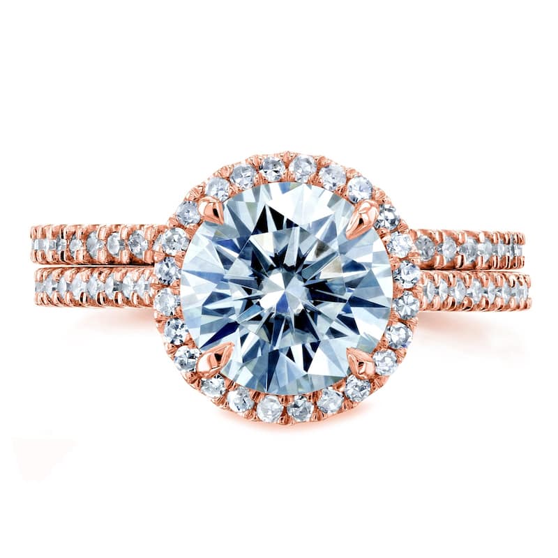 Annello by Kobelli 14k Gold 2 1/3ct TGW Moissanite and Diamond Round Halo Bridal Rings Set (DEF/VS, GH/I)