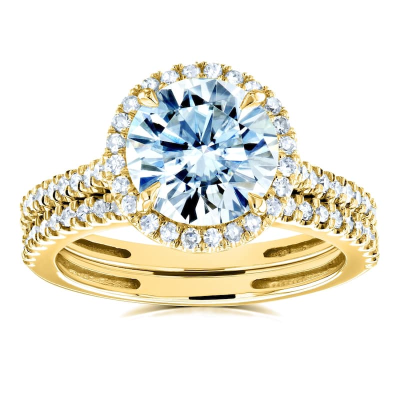 Annello by Kobelli 14k Gold 2 1/3ct TGW Moissanite and Diamond Round Halo Bridal Rings Set (DEF/VS, GH/I)